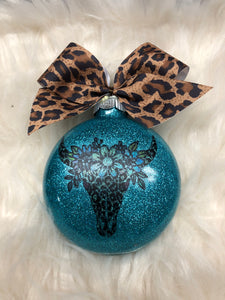 Western cheetah cow skull Glass Christmas Ornament 4”  hand painted