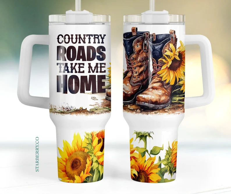 Country Roads Take Me Home Boots Sunflowers 40 ounce handled Tumbler