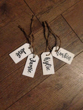 Load image into Gallery viewer, Christmas Stocking Tags or Rustic Farmhouse Ornament Personalized with first name  Stained brown, gray or white washed
