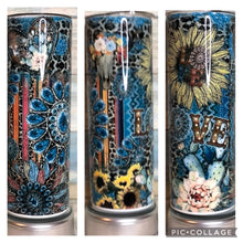 Load image into Gallery viewer, Western Pattern Sunflower Turquoise Jewels Cow Print Horses Tumbler 20 or 30 oz