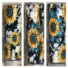 Load image into Gallery viewer, Western Pattern Sunflower Turquoise Jewels Cow Print Horses Tumbler 20 or 30 oz