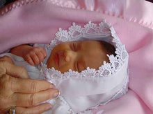 Load image into Gallery viewer, Baby hankie Handkerchief Magic Bonnet for baptism christening going home turns handkerchief for wedding Venice lace SATIN MONOGRAMMED
