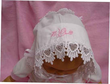Load image into Gallery viewer, Baby hankie Handkerchief Magic Bonnet for baptism christening going home turns handkerchief for wedding Venice lace SATIN MONOGRAMMED