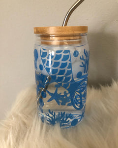 16 ounce Glass Can tumbler with Mermaid Design
