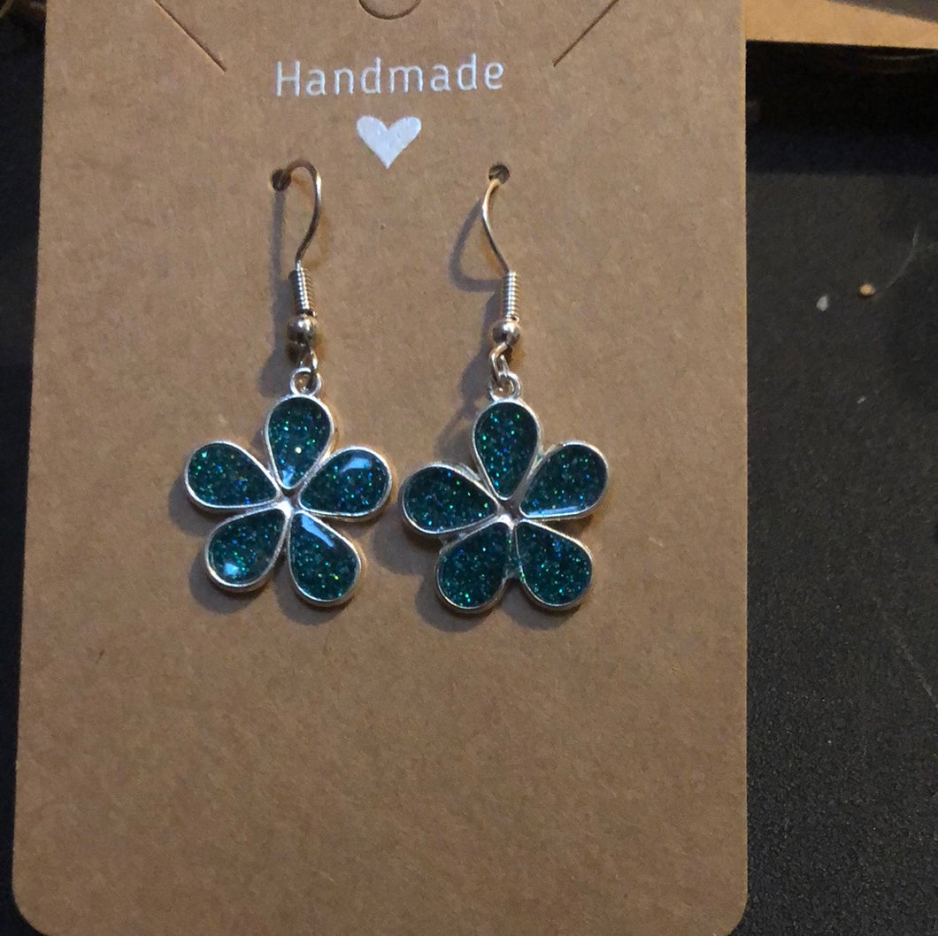 Turquoise glitter flowers earrings