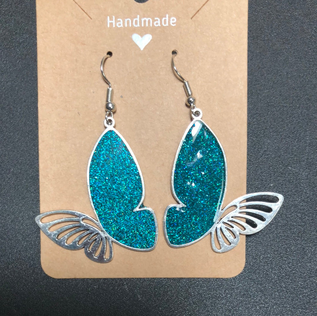 Butterflies turquoise glitter resin silver earrings