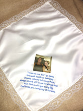 Load image into Gallery viewer, Custom Memory Memorial Handkerchief for wedding or funeral.  Can be personalized.  Your loved one's photo added Baptism hankie. Handmade
