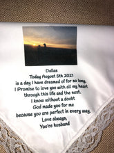 Load image into Gallery viewer, Custom Memory Memorial Handkerchief for wedding or funeral.  Can be personalized.  Your loved one's photo added Baptism hankie. Handmade
