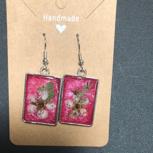 Pink with flowers resin silver earrings