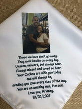 Load image into Gallery viewer, Custom Memory Memorial Handkerchief for wedding or funeral.  Can be personalized.  Your loved one's photo added Baptism hankie. Handmade
