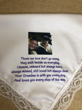 Load image into Gallery viewer, Custom Memory Memorial Handkerchief for wedding or funeral.  Can be personalized.  Your loved one's photo added Baptism hankie. Handmade
