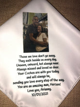 Load image into Gallery viewer, Custom Memory Memorial Handkerchief for wedding or funeral.  Can be personalized.  Your loved one's photo added Baptism hankie. Handmade
