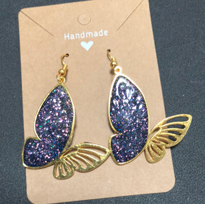 Butterflies purple glitter resin gold earrings