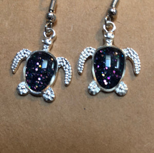 Glitter or turquoise Silver turtle earrings