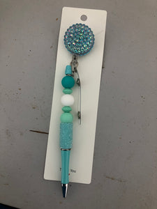 Beaded Rhinestone Badge Reel with Pen or Stylus added