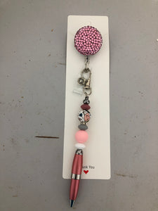 Beaded Rhinestone Badge Reel with Pen or Stylus added