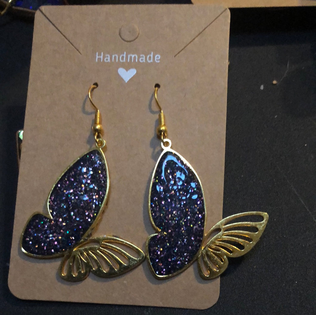 Purple or turquoise glitter butterfly dangle earrings