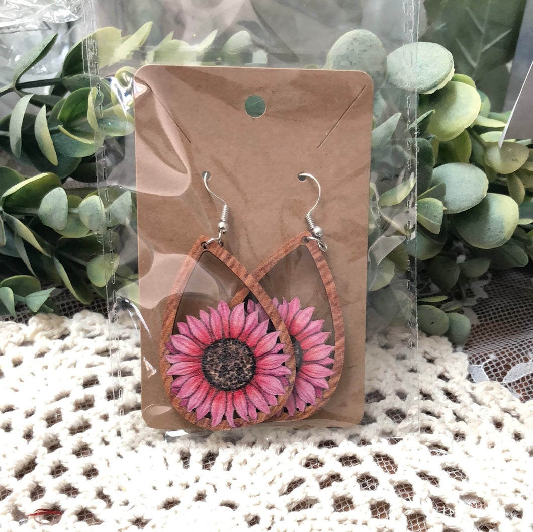 Pink sunflower Wooden earrings