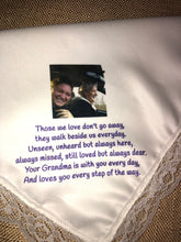 Load image into Gallery viewer, Custom Memory Memorial Handkerchief for wedding or funeral.  Can be personalized.  Your loved one's photo added Baptism hankie. Handmade
