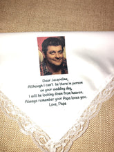 Load image into Gallery viewer, Custom Memory Memorial Handkerchief for wedding or funeral.  Can be personalized.  Your loved one's photo added Baptism hankie. Handmade

