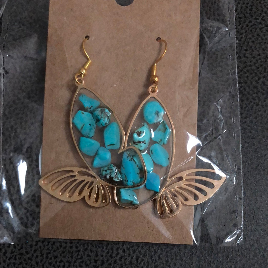 Turquoise  Gold butterfly dangle earrings