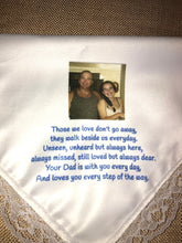 Load image into Gallery viewer, Custom Memory Memorial Handkerchief for wedding or funeral.  Can be personalized.  Your loved one's photo added Baptism hankie. Handmade
