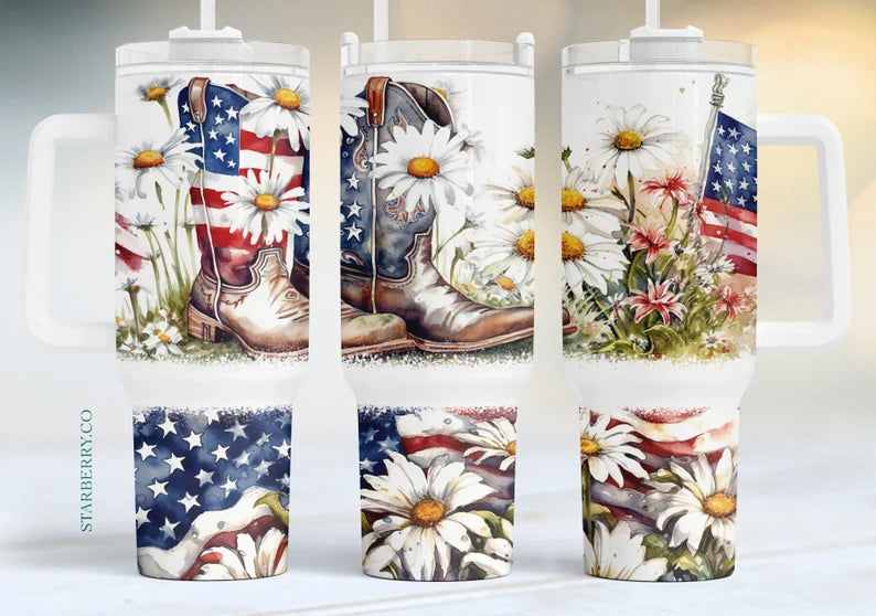American Boots Flag 40 ounce handled Tumbler Stanley Style