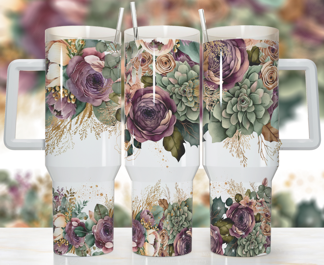 Plum Floral 40 ounce handled Tumbler Stanley Style