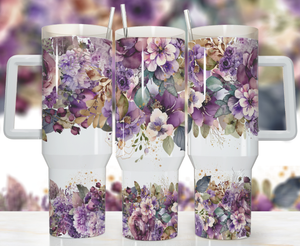Purple Floral 40 ounce handled Tumbler Stanley Style