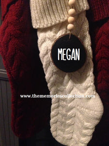 Christmas Wooden Slice and Wooden Beads Stocking Tag or Rustic Farmhouse Ornament Personalized with first name