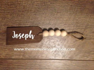 Christmas Wooden Bead Stocking Tags or Rustic Farmhouse Ornament Personalized with first name  Stained brown or gray