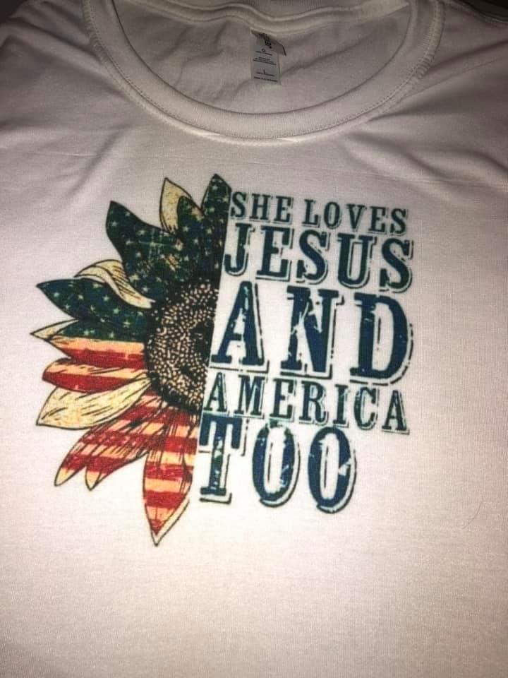 She loves Jesus and America Too  Sunflower American Flag  t-shirt