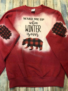 Distressed Winter Bear "Wake me up when Winter is Over"  Buffalo plaid Sweatshirt