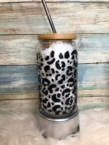 Glass Can Cup 16 oz with Cheetah / Leopard print
