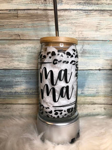 Glass Can Cup 16 oz with Cheetah / Leopard print MAMA