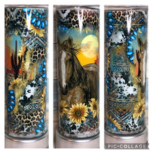 Load image into Gallery viewer, Western Pattern Sunflower Turquoise Jewels Cow Print Horses Tumbler 20 or 30 oz
