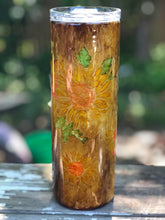 Load image into Gallery viewer, Handpainted woodgrain sunflowers Finished Designer Tumbler  Ready to ship!  20 ounce tumbler

