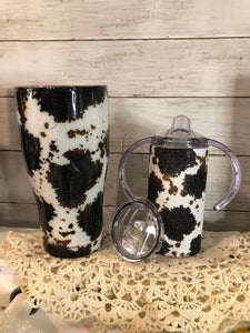 Mommy and Me Set Glitter cow print 30 ounce modern twist tumbler and 12 oz. sippy cup