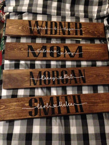 Personalized sign with last name or Grandma, Mom, Grandpa, Dad and first names.  Completely personalized for you.