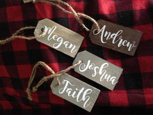 Load image into Gallery viewer, Christmas Stocking Tags or Rustic Farmhouse Ornament Personalized with first name  Stained brown, gray or white washed
