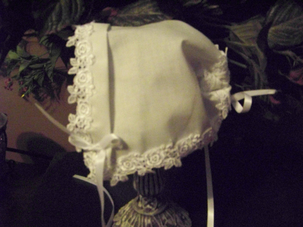 Baby Wedding Baptism Magic Bonnet with Venice Lace Roses