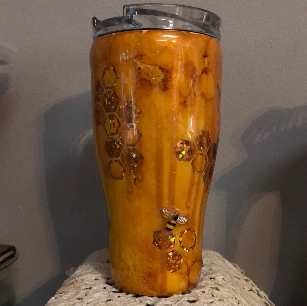 Curved 20 oz Glittery bee hive with bees Finished Designer Can Tumbler 30 ounce  Ready to ship!