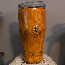 Load image into Gallery viewer, Curved 20 oz Glittery bee hive with bees Finished Designer Can Tumbler 30 ounce  Ready to ship!
